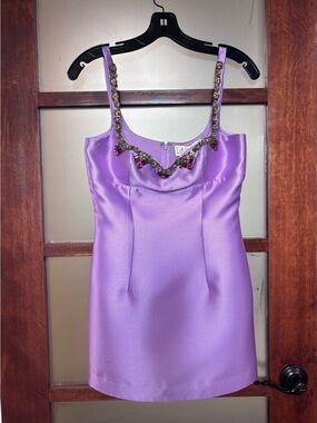 La Fuori Lavender Satin Mini Dress with Beaded Straps